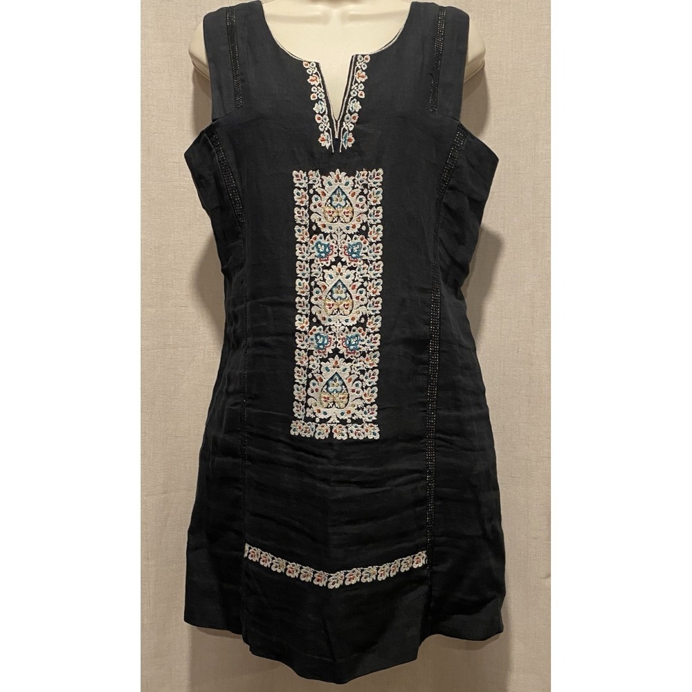 Plenty by Tracy Reese Anthropologie Black Linen Embroidered Dress Lined Sz: Sm